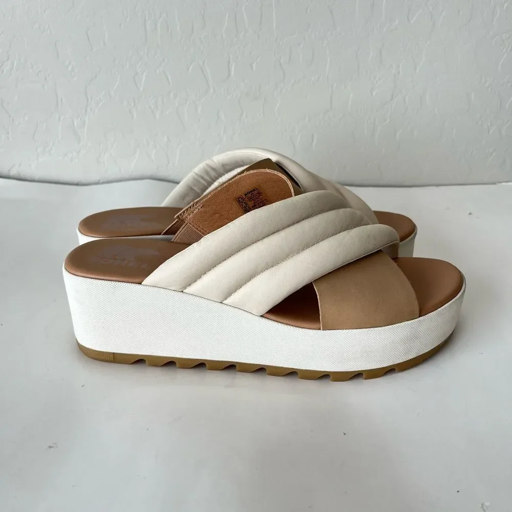 Sorel Cameron Flatform Platform Puff Strap Criss Cross Sandals Mules Size 9.5